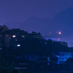 city skyline during night time