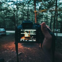 a person taking a picture of a fire in the woods