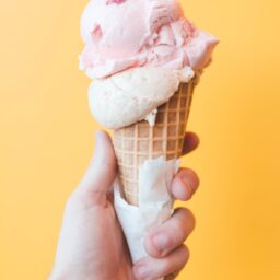 strawberry ice cream on cone
