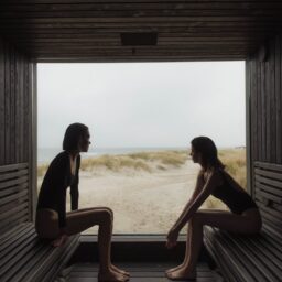 Two women in a seaside sauna with a view of sand dunes, embodying relaxation and tranquility.